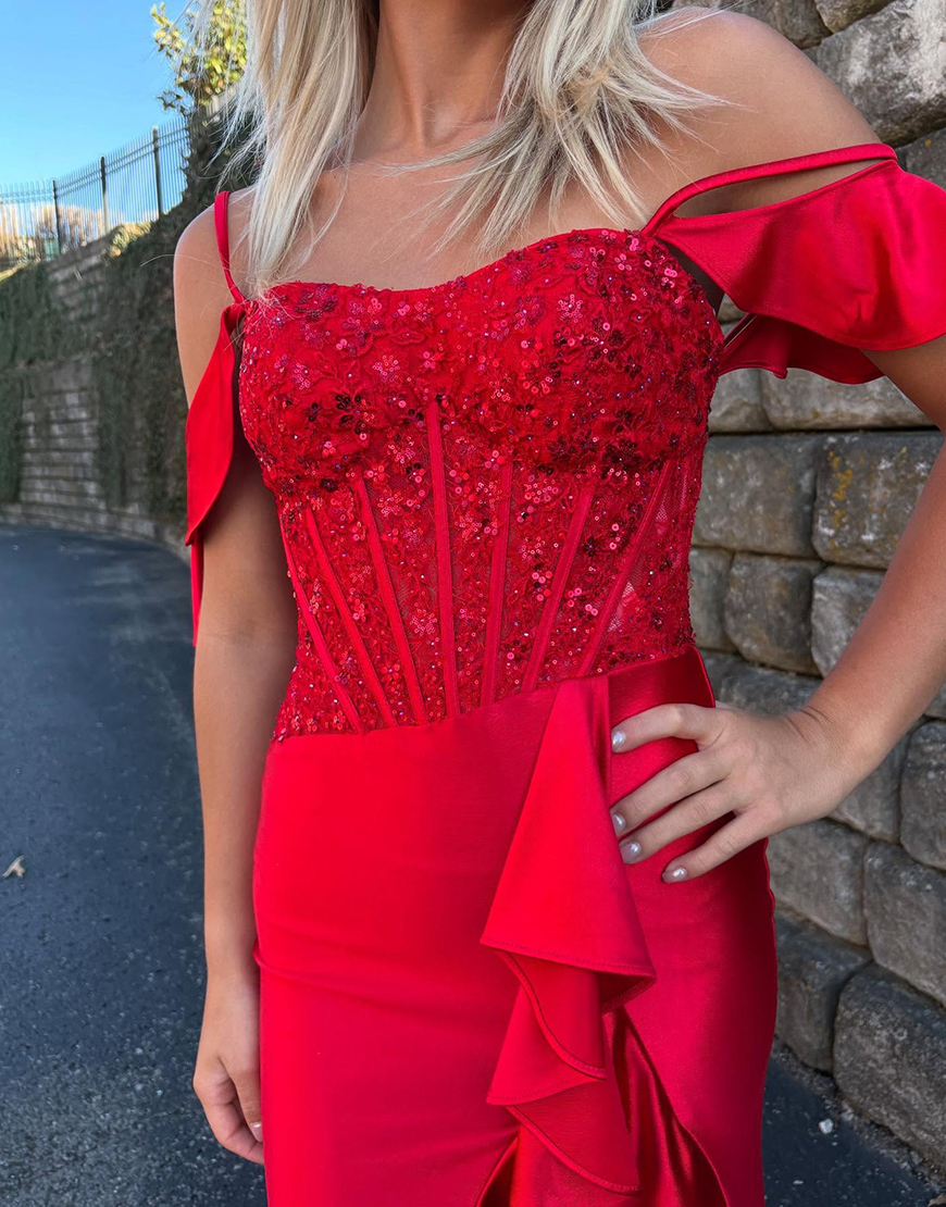 Sparkly Red Corset Mermaid Beaded Ruffled Long Prom Dress with Slit