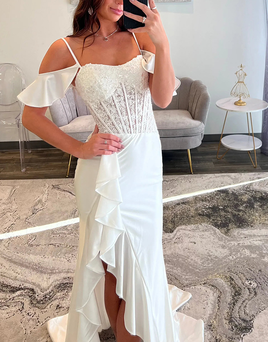 Sparkly Red Corset Mermaid Beaded Ruffled Long Prom Dress with Slit