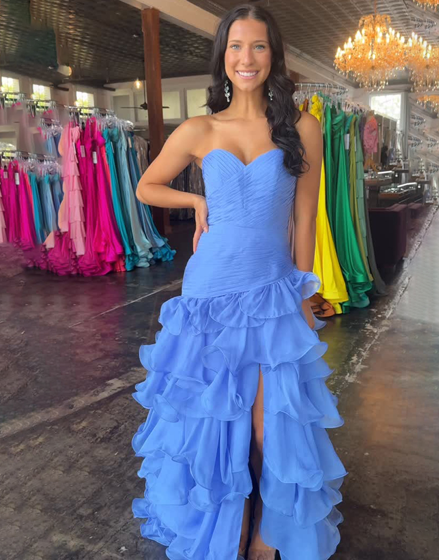 Light Blue Mermaid Sweetheart Tiered Ruffled Long Prom Dress with Slit