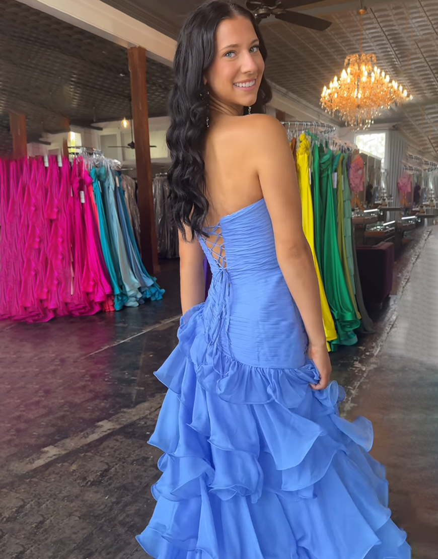 Light Blue Mermaid Sweetheart Tiered Ruffled Long Prom Dress with Slit