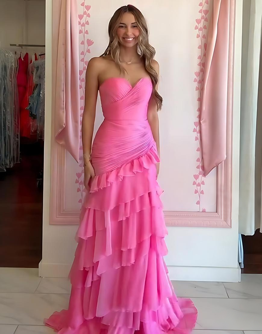 Light Blue Mermaid Sweetheart Tiered Ruffled Long Prom Dress with Slit