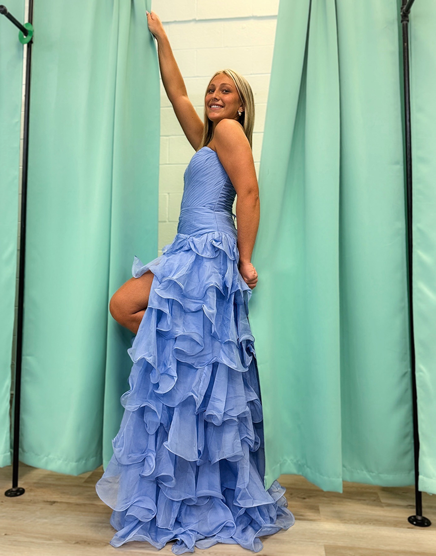 Light Blue Mermaid Sweetheart Tiered Ruffled Long Prom Dress with Slit