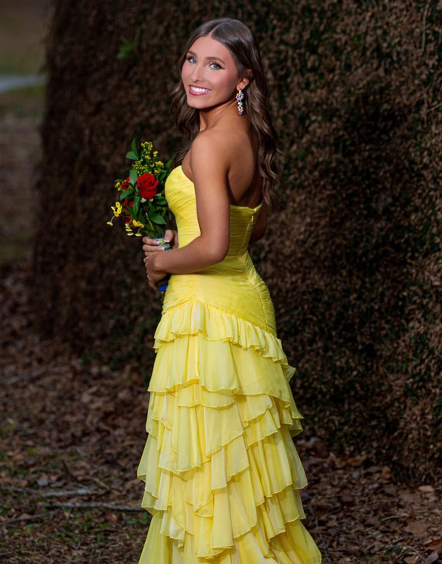 Light Blue Mermaid Sweetheart Tiered Ruffled Long Prom Dress with Slit