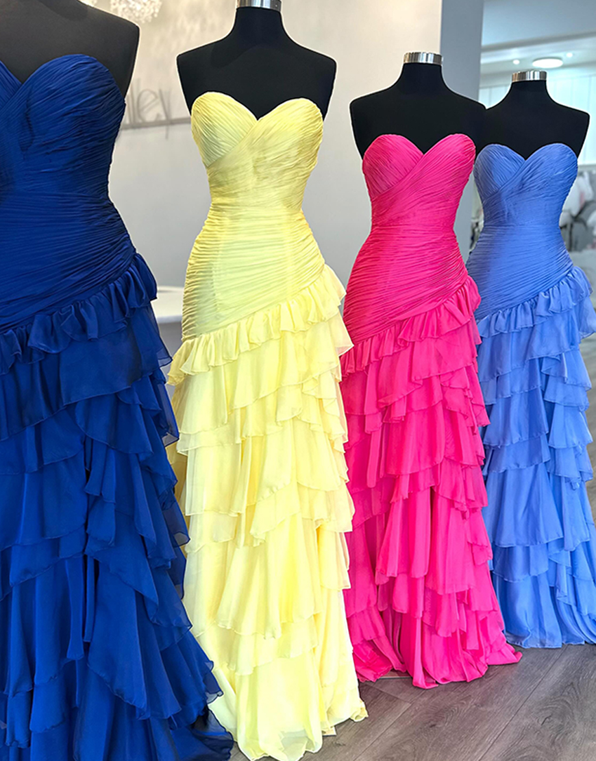 Light Blue Mermaid Sweetheart Tiered Ruffled Long Prom Dress with Slit