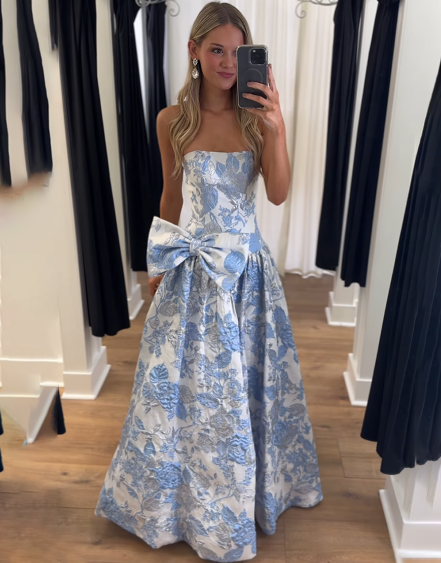 Purple Floral A Line Sweetheart Long Prom Dress with Bow