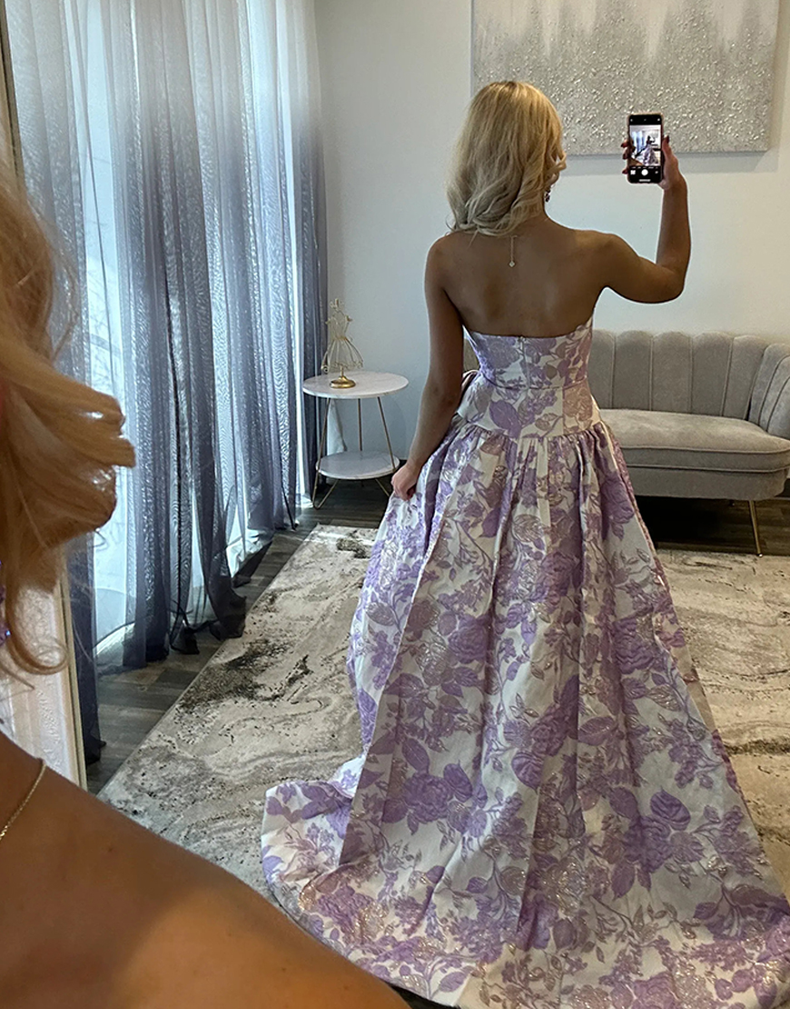 Purple Floral A Line Sweetheart Long Prom Dress with Bow