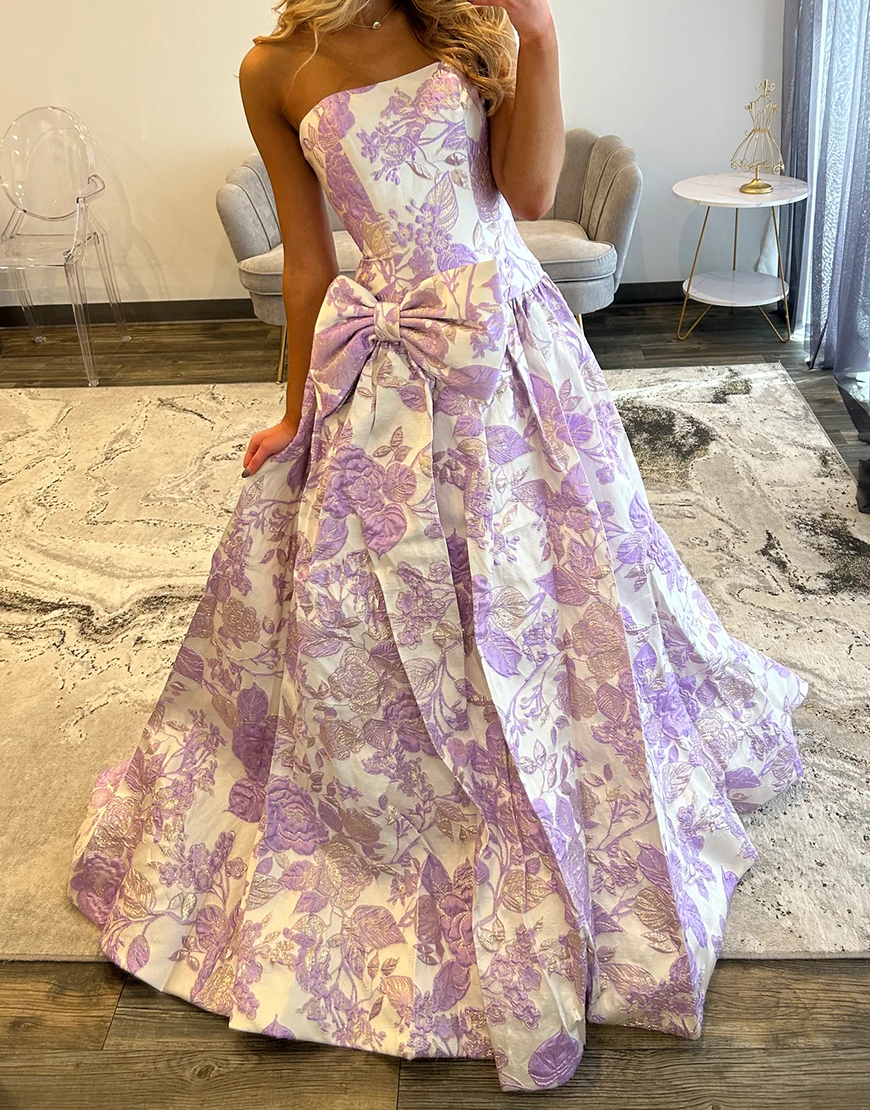 Purple Floral A Line Sweetheart Long Prom Dress with Bow