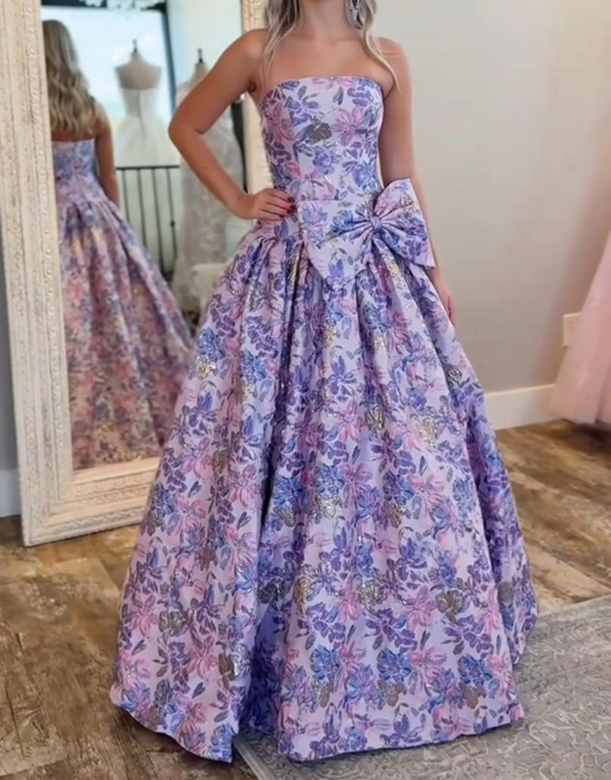 Purple Floral A Line Sweetheart Long Prom Dress with Bow