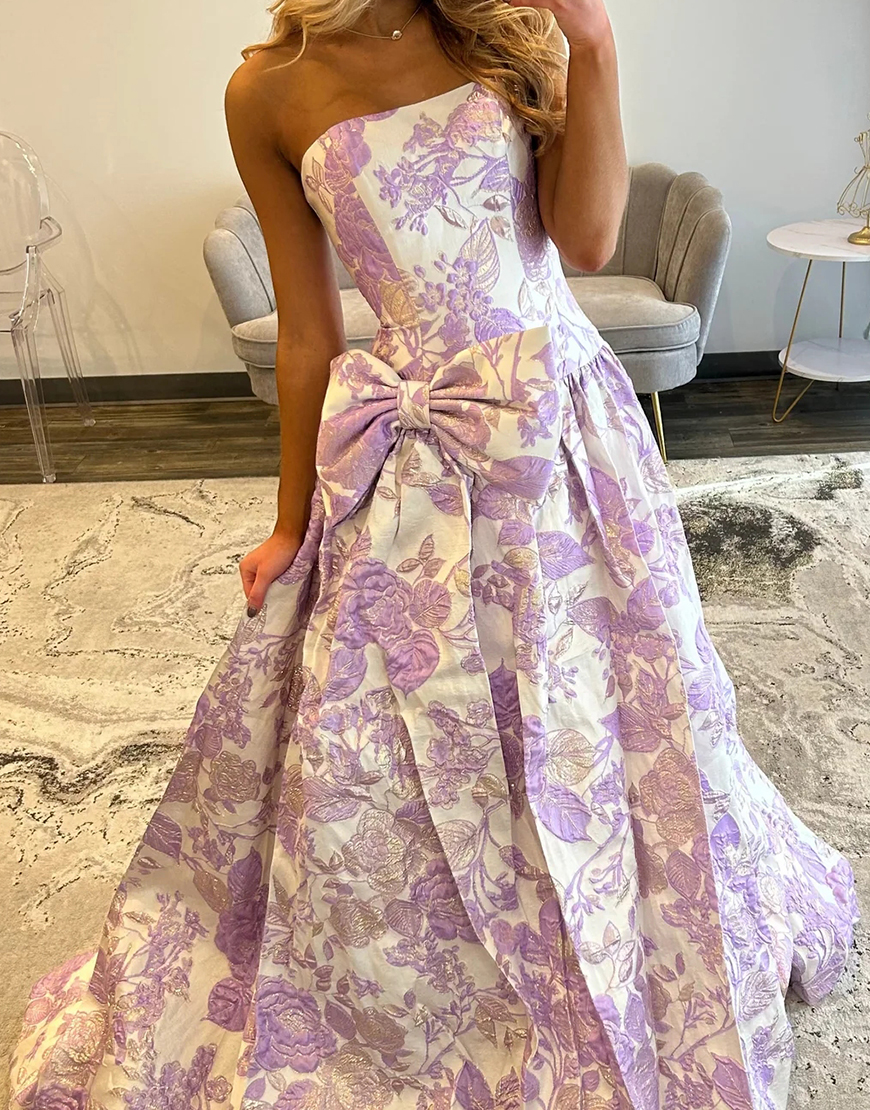 Purple Floral A Line Sweetheart Long Prom Dress with Bow