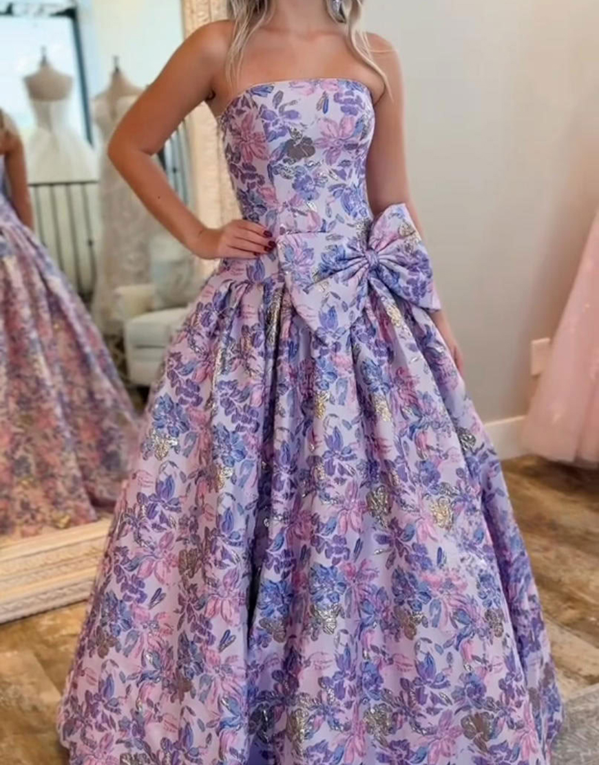 Purple Floral A Line Sweetheart Long Prom Dress with Bow