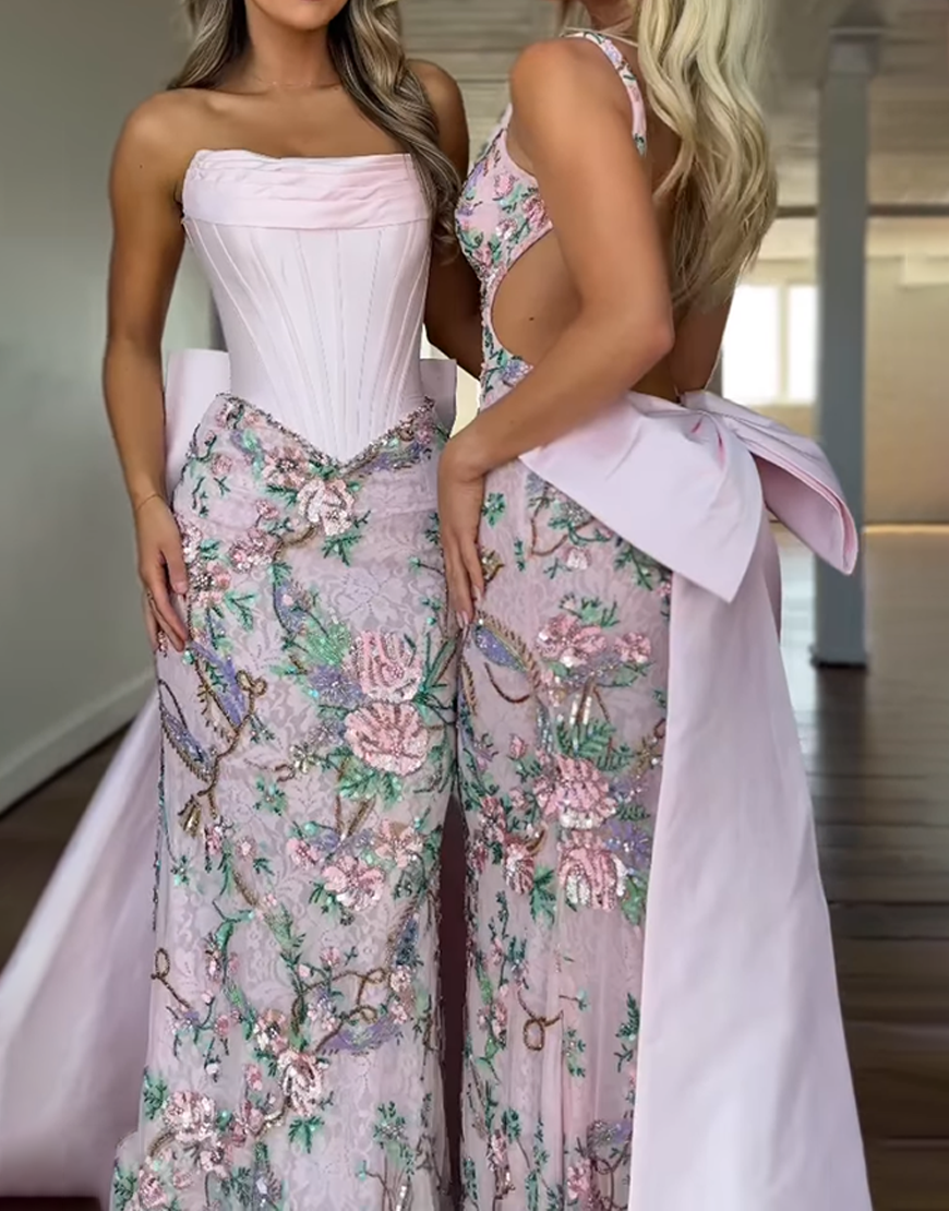 Sparkly Pink Floral Mermaid Strapless Corset Long Prom Dress with Cape
