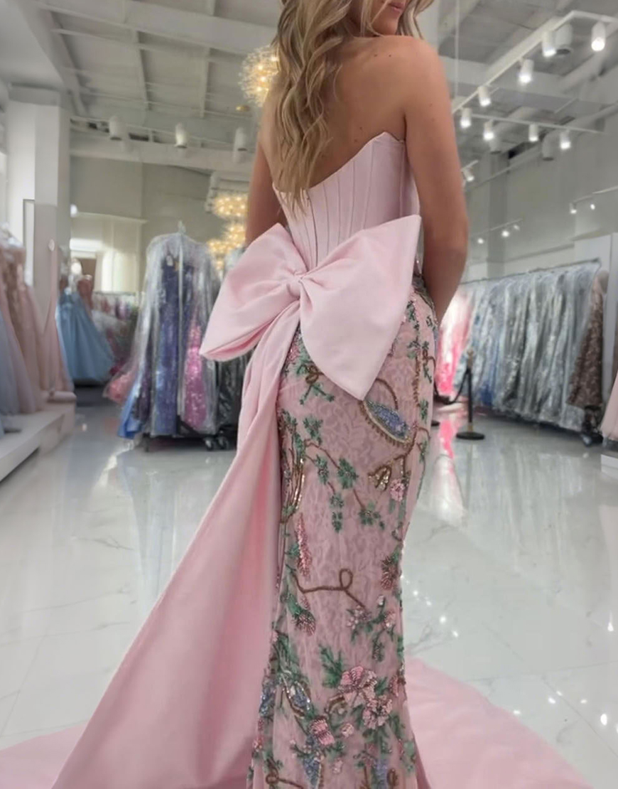 Sparkly Pink Floral Mermaid Strapless Corset Long Prom Dress with Cape
