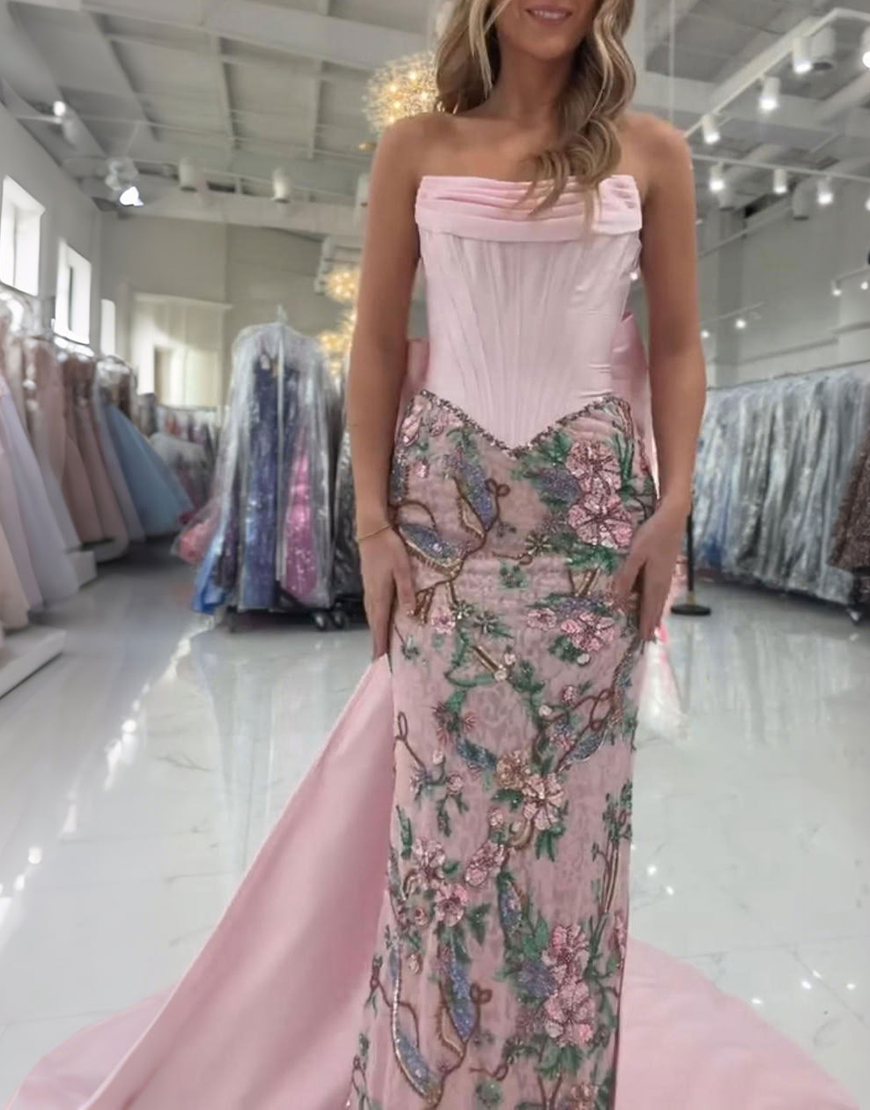 Sparkly Pink Floral Mermaid Strapless Corset Long Prom Dress with Cape