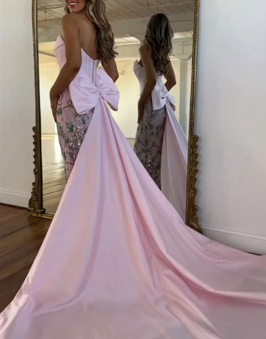 Sparkly Pink Floral Mermaid Strapless Corset Long Prom Dress with Cape