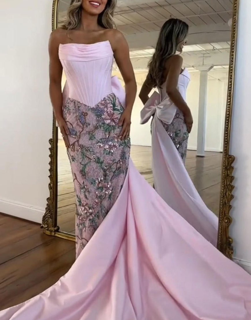 Sparkly Pink Floral Mermaid Strapless Corset Long Prom Dress with Cape