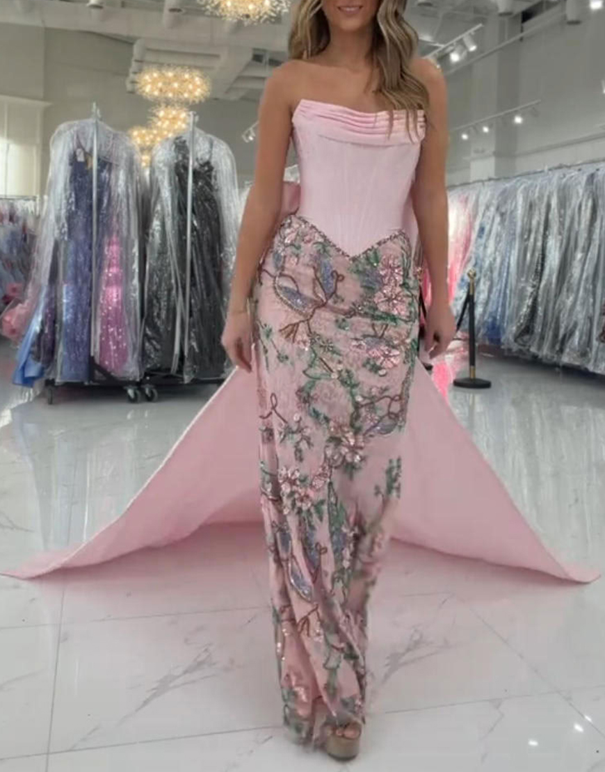 Sparkly Pink Floral Mermaid Strapless Corset Long Prom Dress with Cape