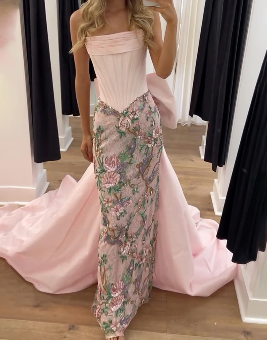 Sparkly Pink Floral Mermaid Strapless Corset Long Prom Dress with Cape