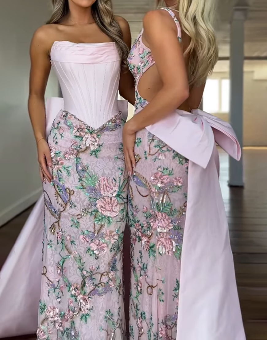 Light Pink Mermaid Floral V-Neck Long Prom Dress with Slit
