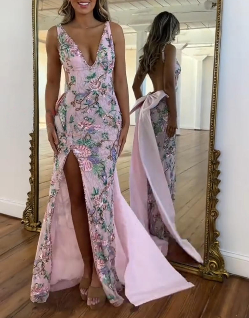 Berlinnova Women Light Pink Floral Mermaid Long Prom Dress with Slit Backless V Neck Pageant Dress with Bow