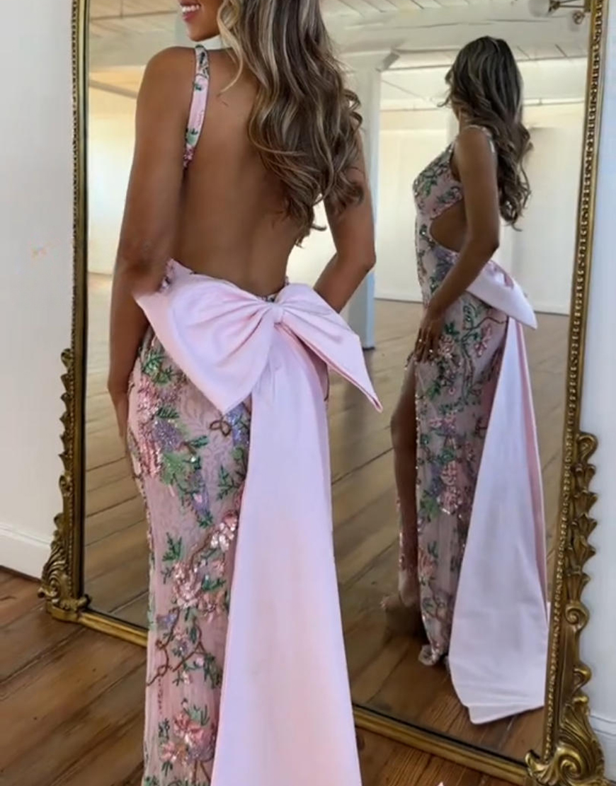 Light Pink Mermaid Floral V-Neck Long Prom Dress with Slit