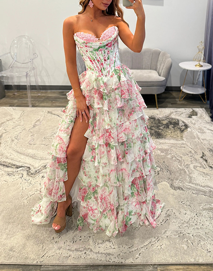 Pink Floral Corset Ruffled Strapless Long Prom Dress with Slit
