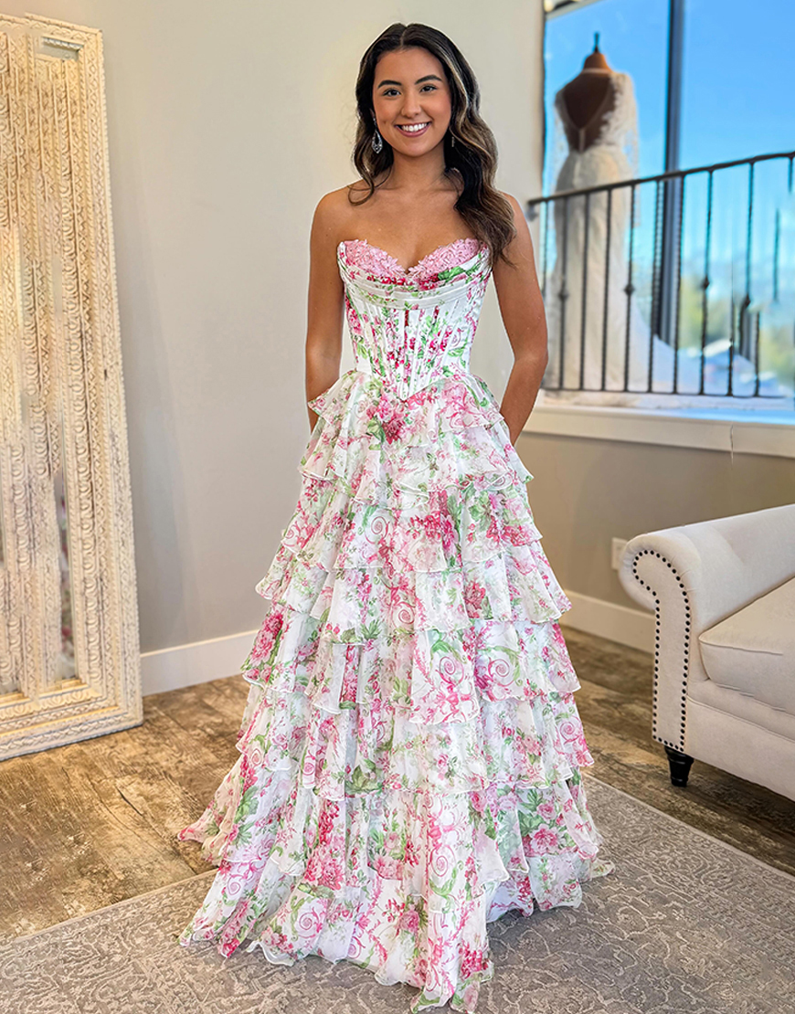 Pink Floral Corset Ruffled Strapless Long Prom Dress with Slit