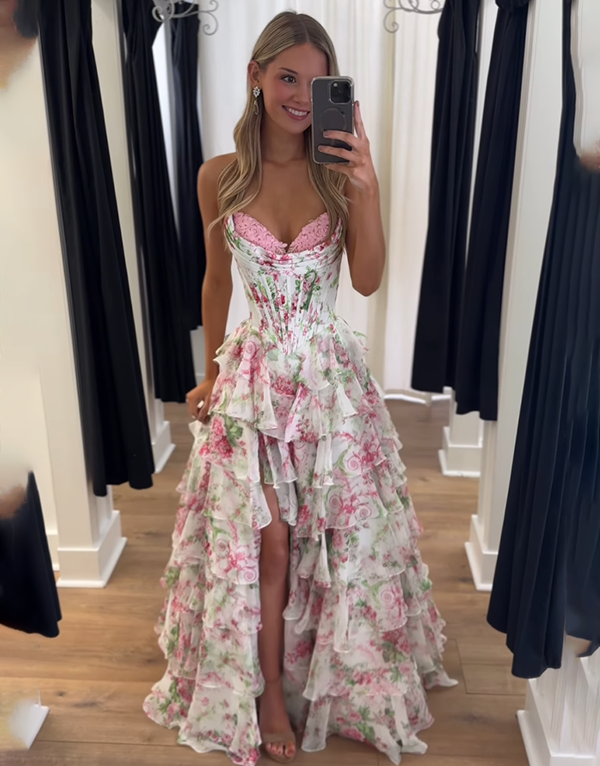 Pink Floral Corset Ruffled Strapless Long Prom Dress with Slit