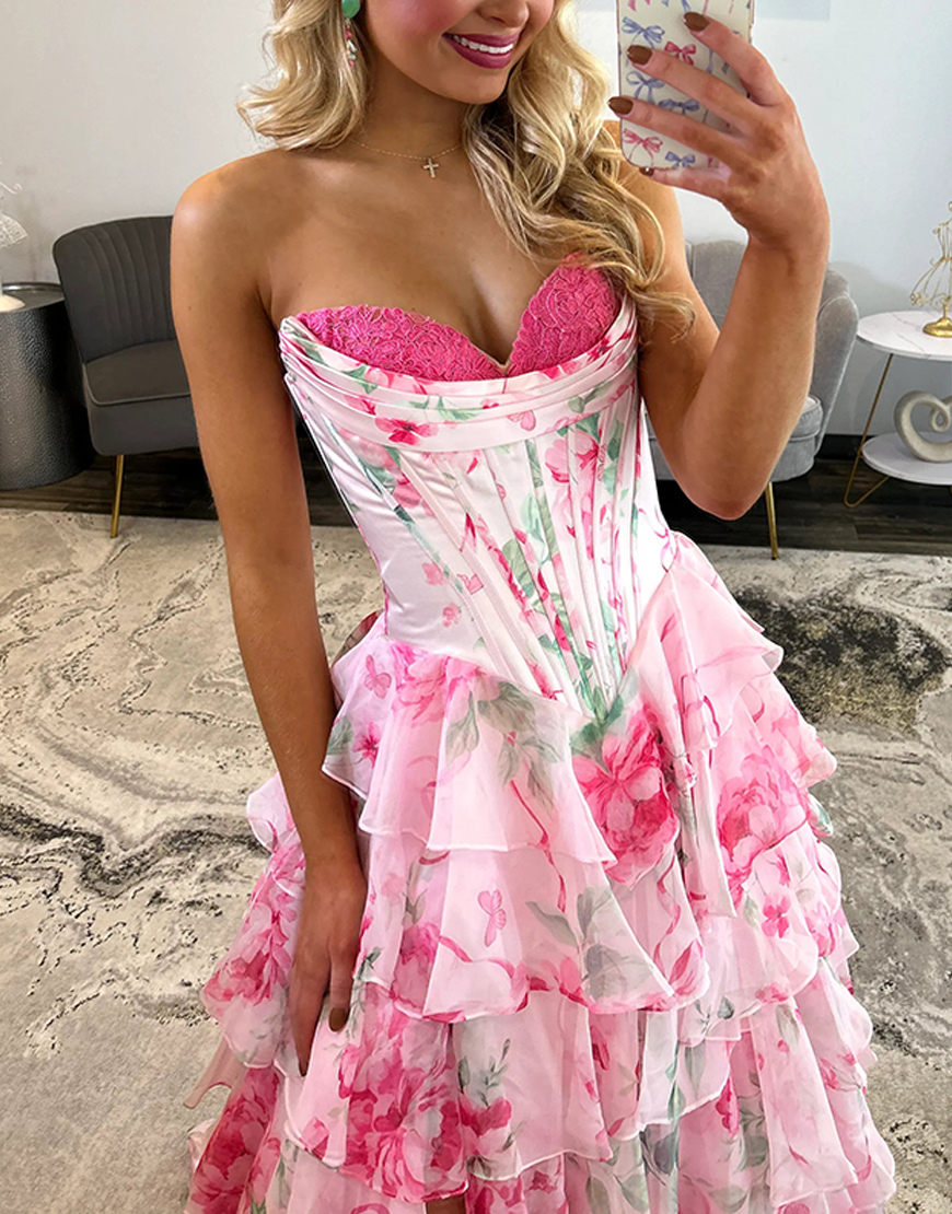 Pink Floral Corset Ruffled Strapless Long Prom Dress with Slit