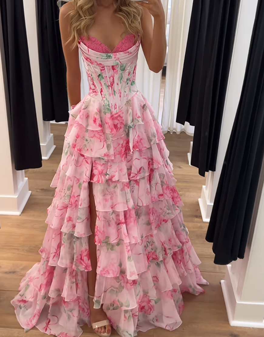 Berlinnova Women Pink Floral Corset Ruffled Long Prom Dress with Slit A Line Tiered Strapless Pageant Dress with Bow