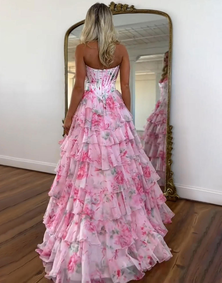 Pink Floral Corset Ruffled Strapless Long Prom Dress with Slit