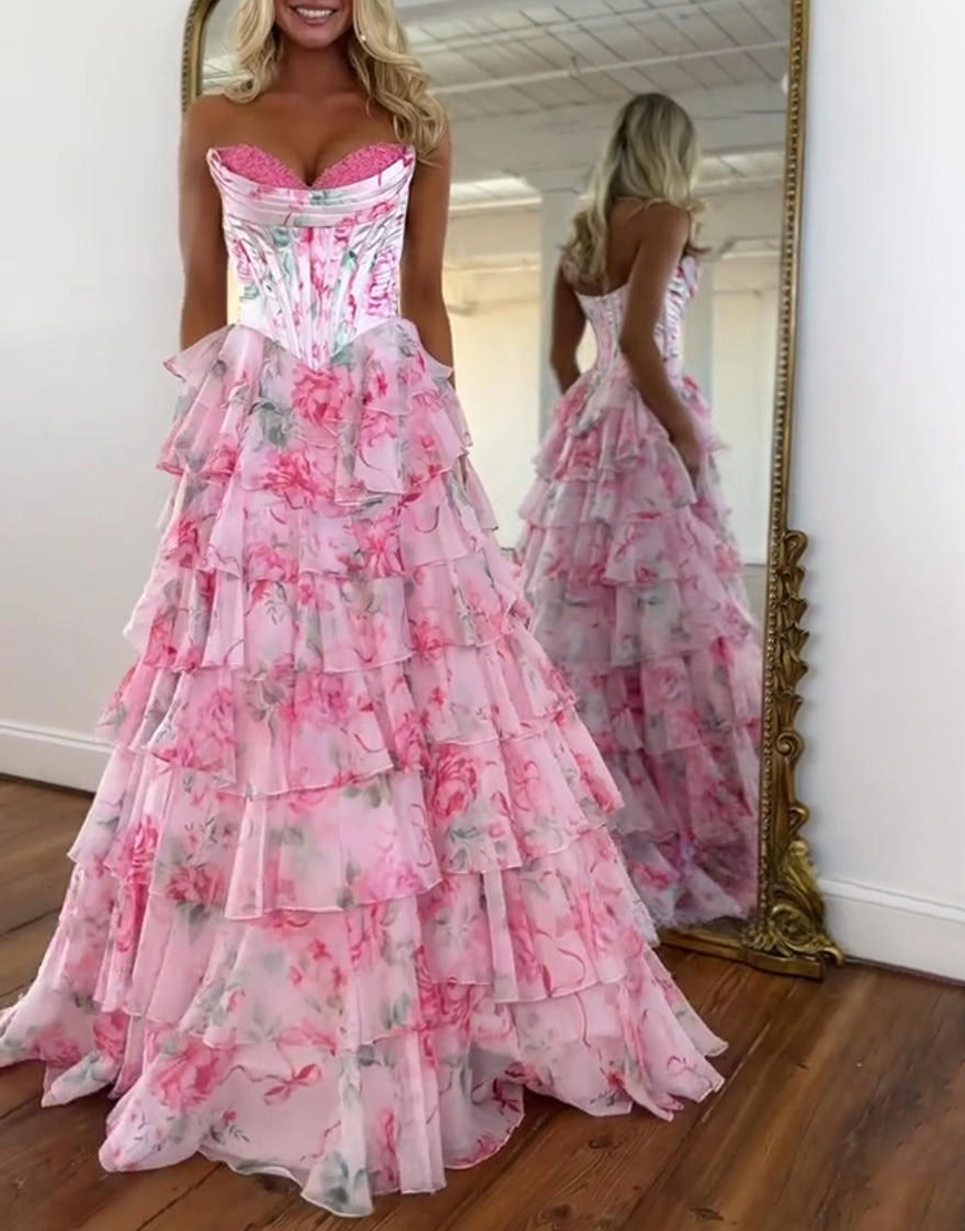 Pink Floral Corset Ruffled Strapless Long Prom Dress with Slit