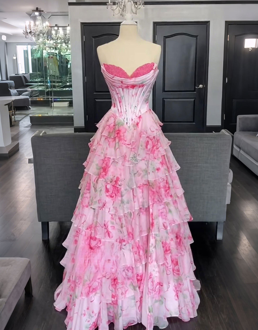 Pink Floral Corset Ruffled Strapless Long Prom Dress with Slit