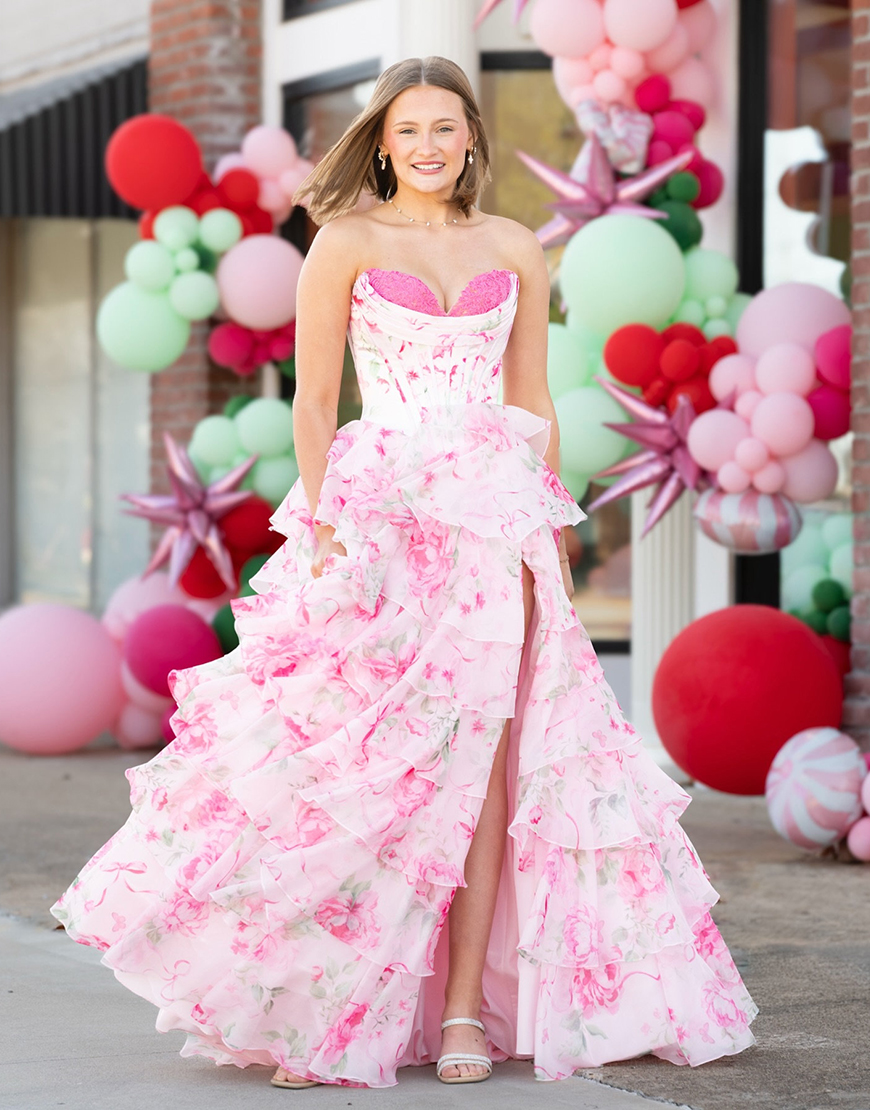 Berlinnova Women Pink Floral Corset Ruffled Long Prom Dress with Slit A Line Tiered Strapless Pageant Dress