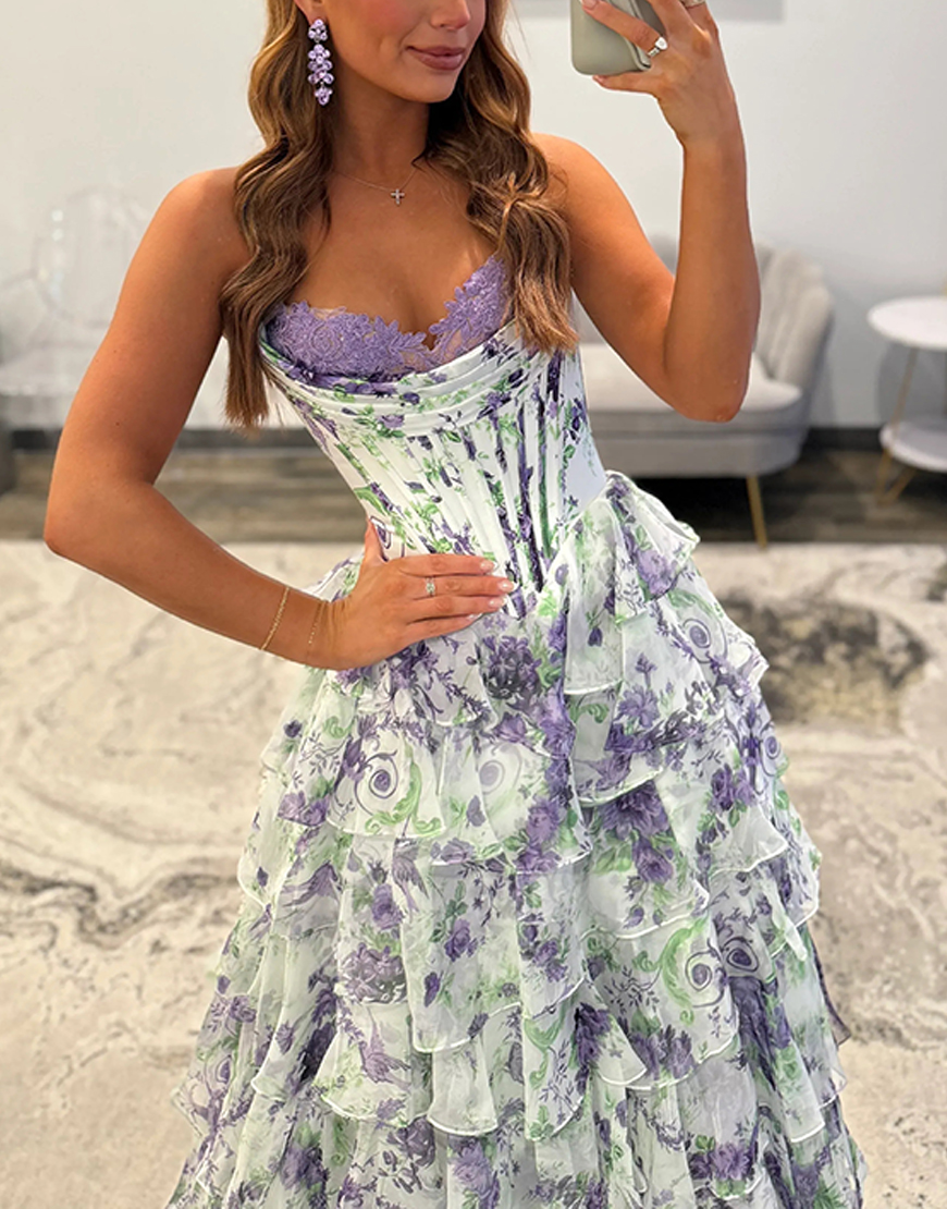 Pink Floral Corset Ruffled Strapless Long Prom Dress with Slit