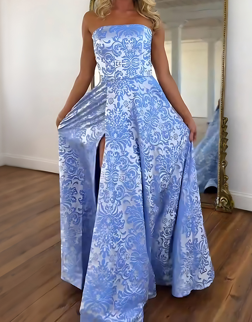 Blue Floral A Line Strapless Long Prom Dress with Slit