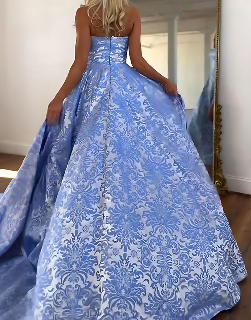 Blue Floral A Line Strapless Long Prom Dress with Slit