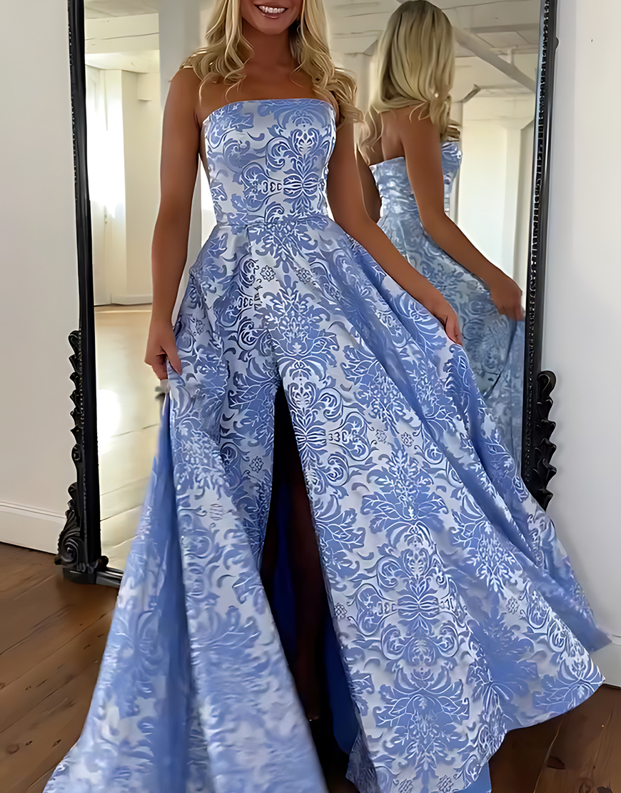 Blue Floral A Line Strapless Long Prom Dress with Slit