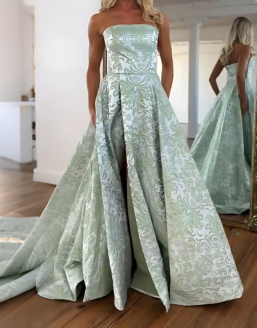 Blue Floral A Line Strapless Long Prom Dress with Slit