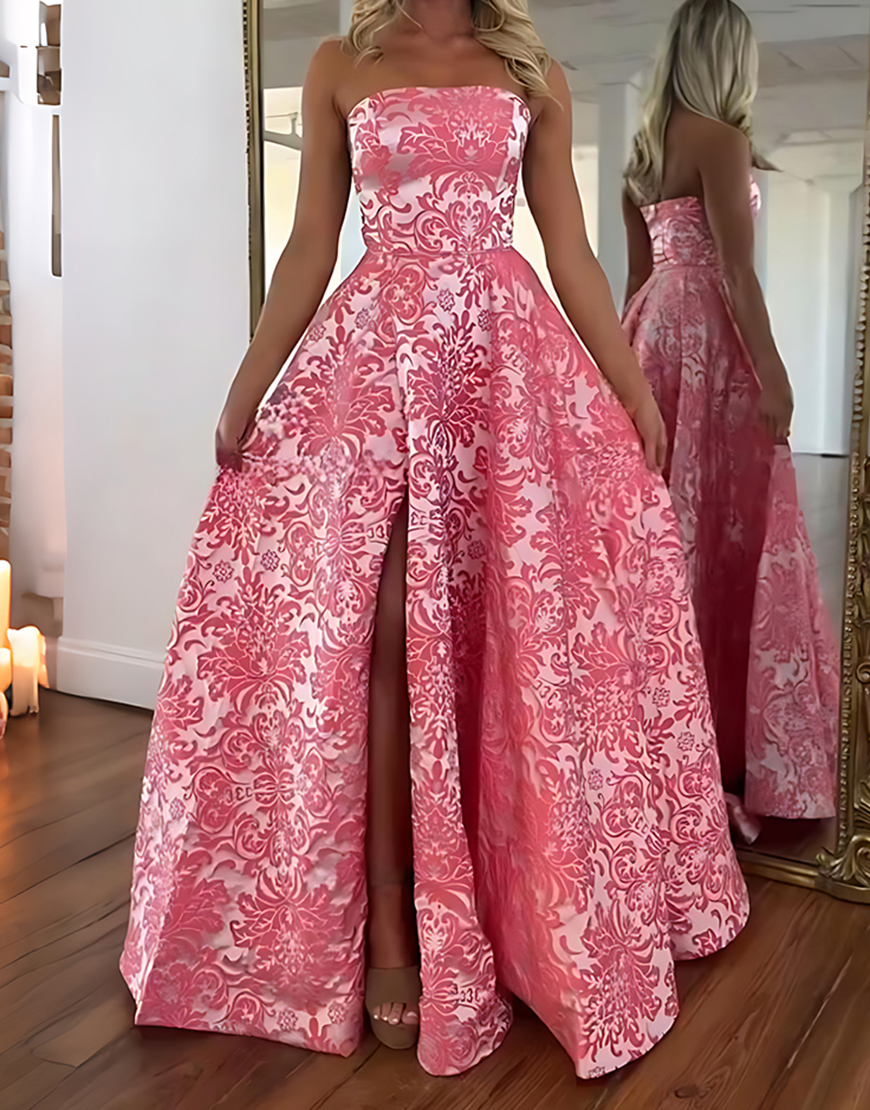 Blue Floral A Line Strapless Long Prom Dress with Slit