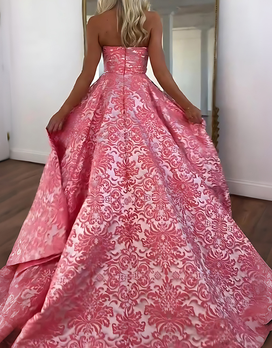 Blue Floral A Line Strapless Long Prom Dress with Slit