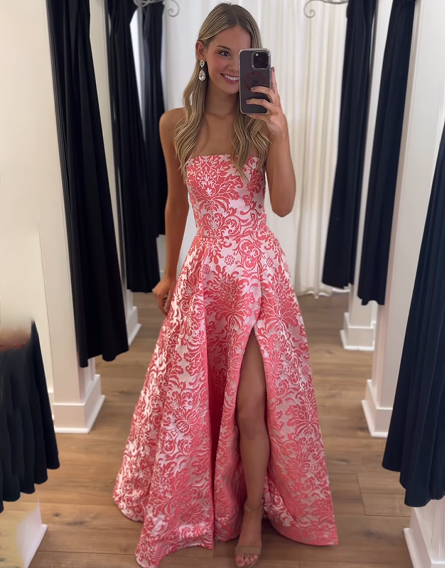 Blue Floral A Line Strapless Long Prom Dress with Slit