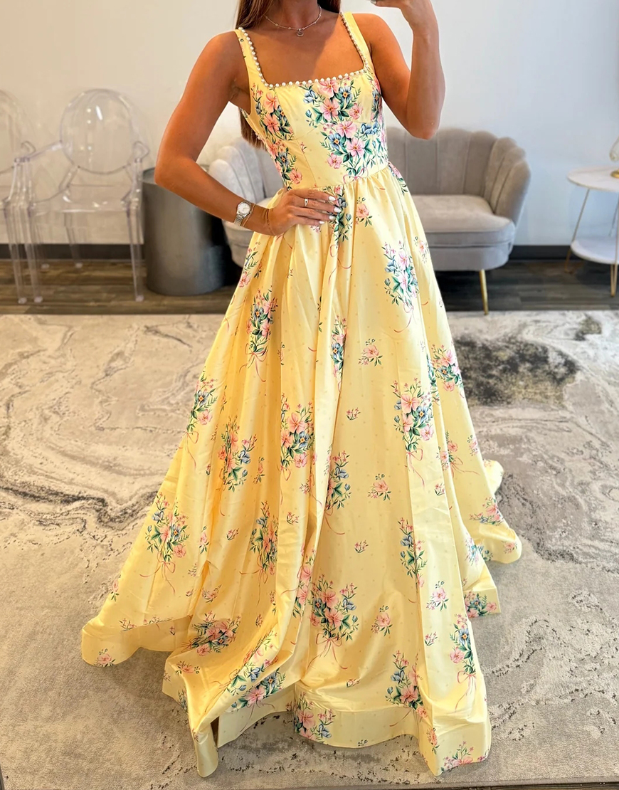 White Blue Flower A Line Long Backless Prom Dress with Pearls