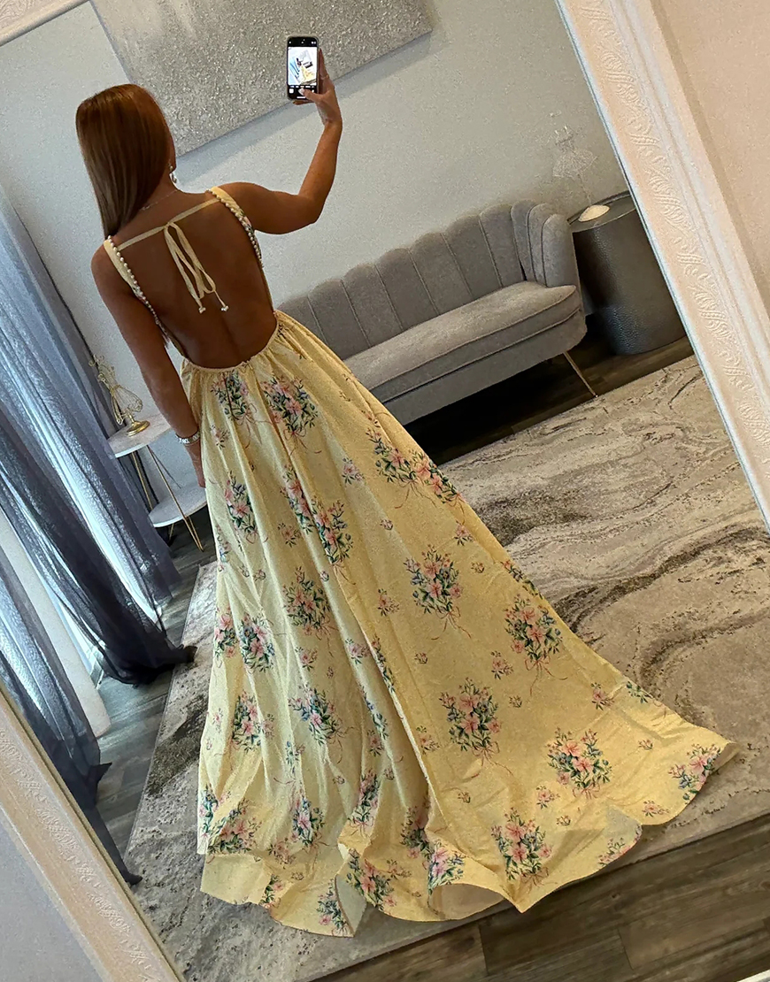 White Blue Flower A Line Long Backless Prom Dress with Pearls