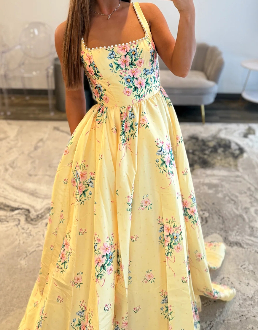 White Blue Flower A Line Long Backless Prom Dress with Pearls