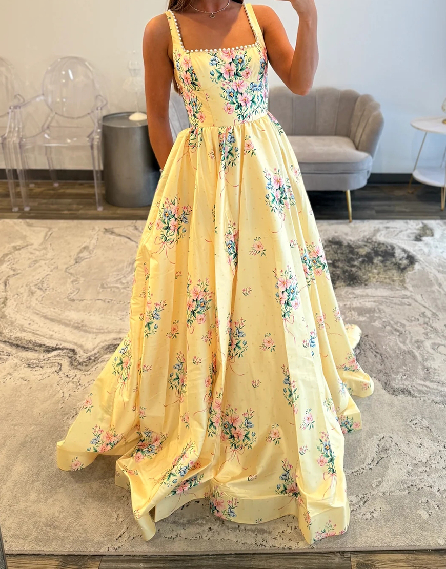 White Blue Flower A Line Long Backless Prom Dress with Pearls