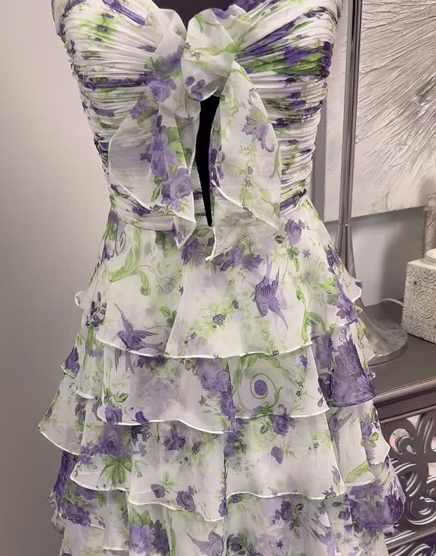 White Floral Sweetheart Ruffled Tiered Long Prom Dress with Bow