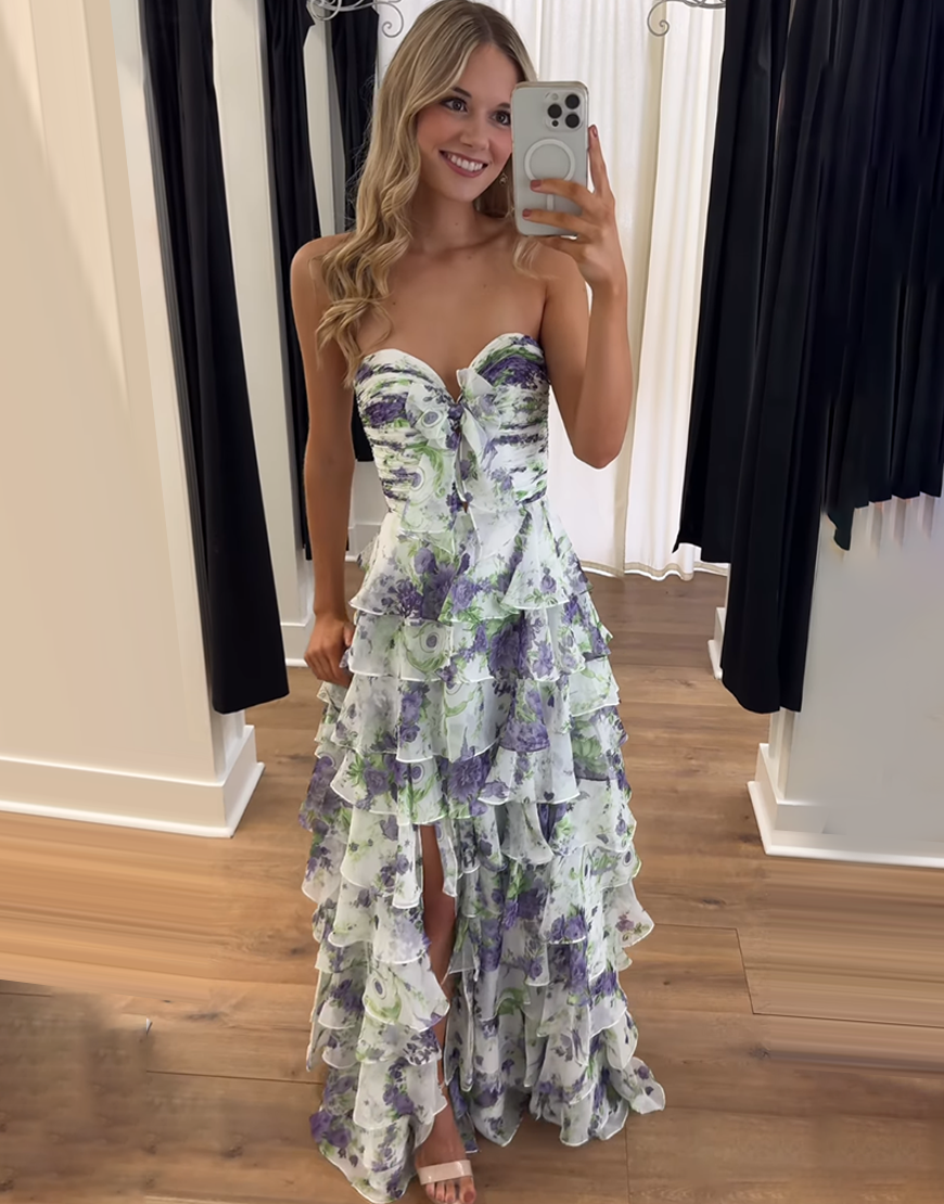 White Floral Sweetheart Ruffled Tiered Long Prom Dress with Bow