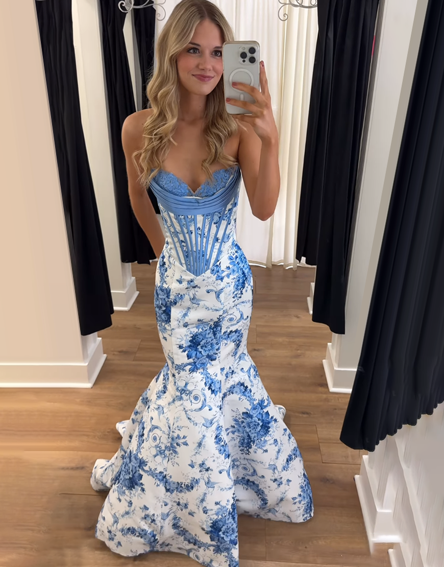 White and Blue Floral Mermaid Corset Strapless Long Prom Dress
