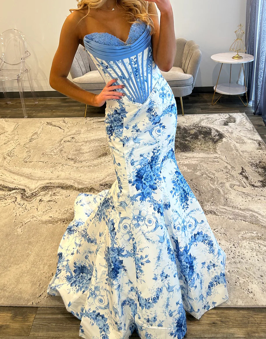 White and Blue Floral Mermaid Corset Strapless Long Prom Dress