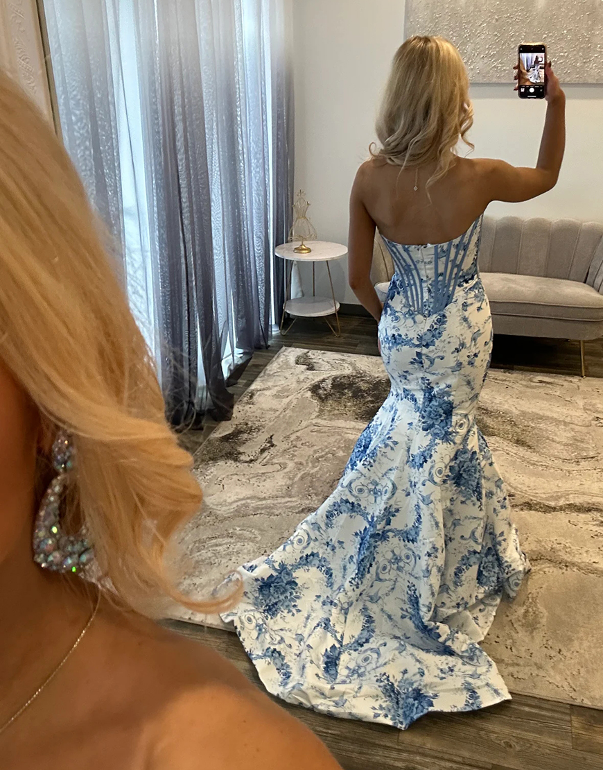 White and Blue Floral Mermaid Corset Strapless Long Prom Dress